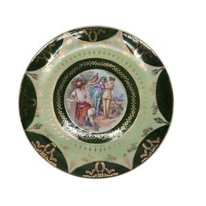 Vintage Decorative Plate Classical Greek Scene Green Gold Trim Romantic Victoria